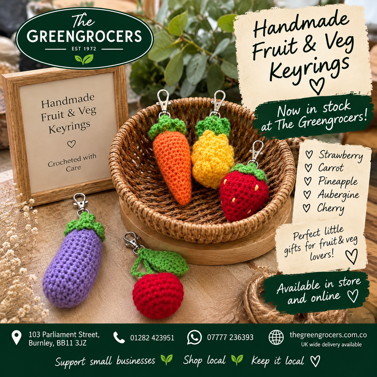 Handmade Fruit & Veg Crochet Keyrings 🥕🍓🍒